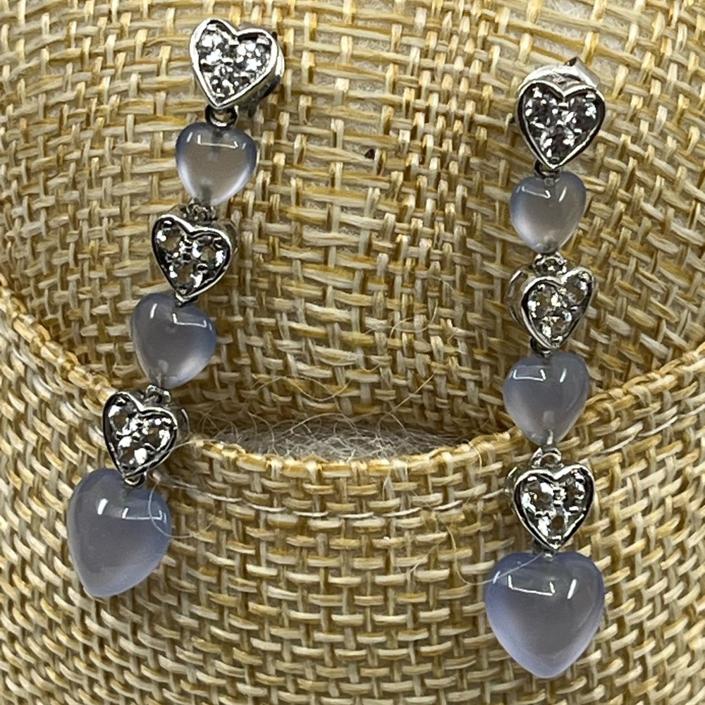 Vintage 10K White Gold Blue Chalcedony and White Topaz Heart Drop Earrings 1999 - Picture 6 of 13